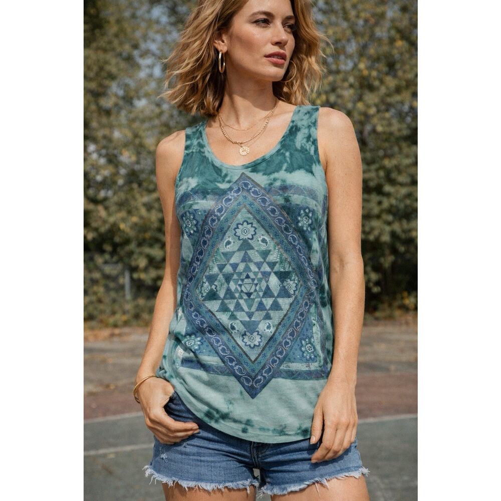 Lucky Brand Top Women Medium Teal Green Tie Dye Mandala Boho Sleeveless Tank